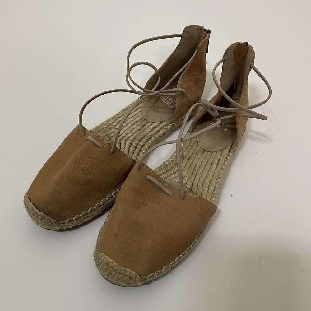 Eileen Fisher Lace suede cognac brown leather espadrille sandals US 9